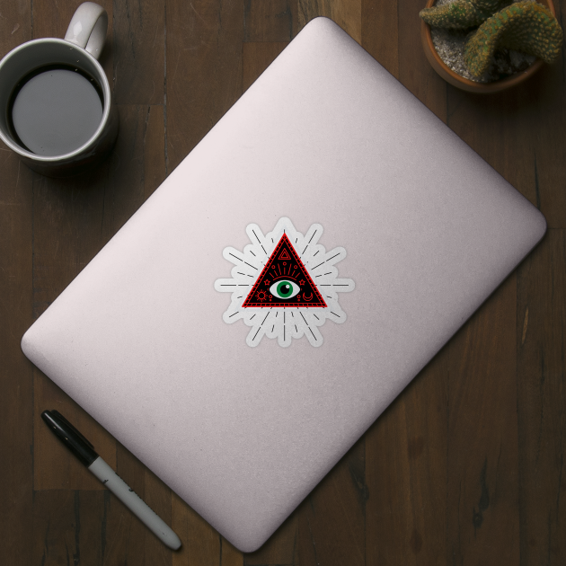All Seeing eye - red and black with green eye by Just In Tee Shirts